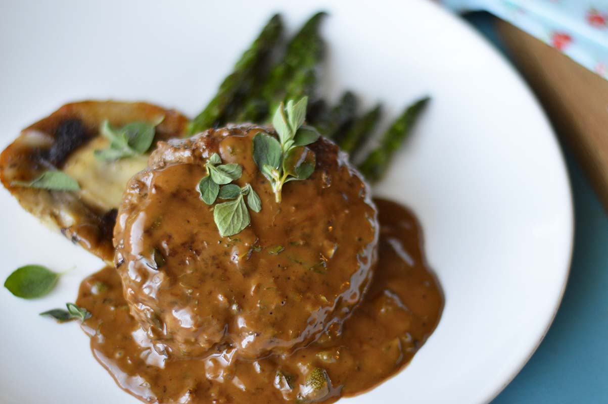 Ground Beef Steak with Portobello, Asparagus and a Caper-Balsamic Cream Sauce Ground Beef Steak with Portobello, Asparagus and a Caper-Balsamic Cream Sauce