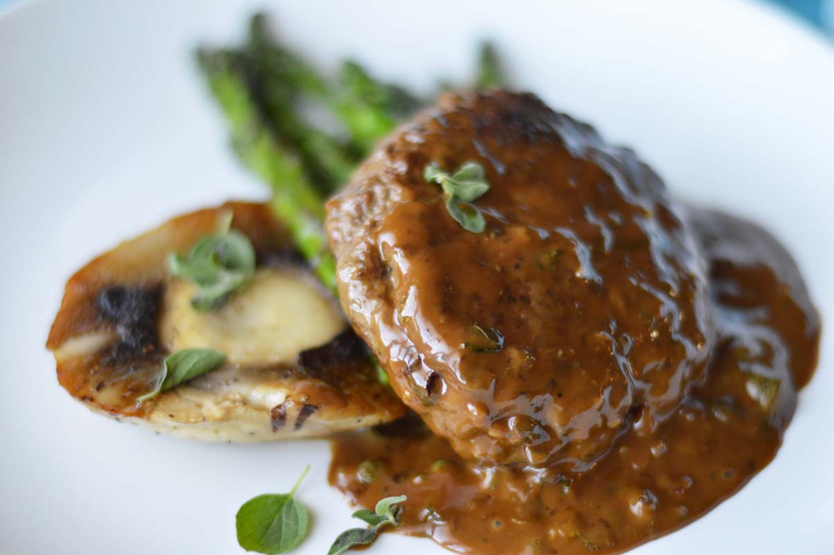 Ground Beef Steak with Portobello, Asparagus and a Caper-Balsamic Cream Sauce Ground Beef Steak with Portobello, Asparagus and a Caper-Balsamic Cream Sauce