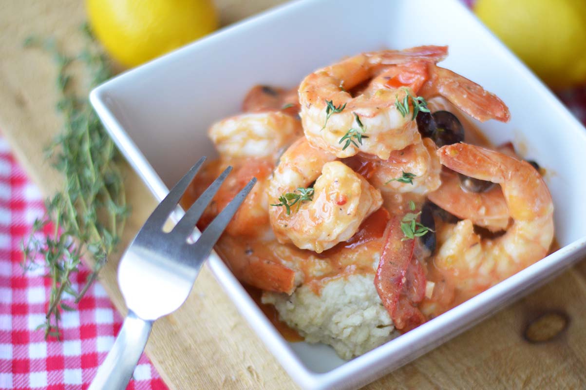 Stir-Fried Shrimp with Olive-Pepper Cream and Almond Polenta Stir-Fried Shrimp with Olive-Pepper Cream and Almond Polenta