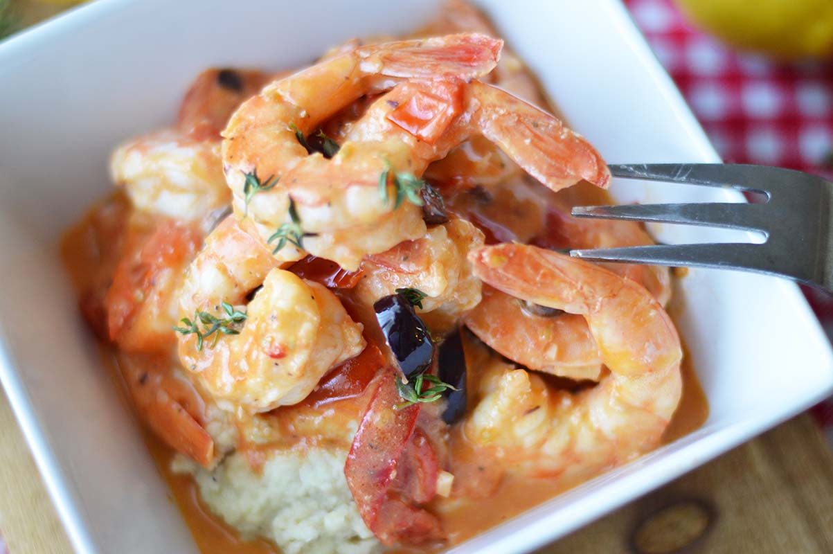 Stir-Fried Shrimp with Olive-Pepper Cream and Almond Polenta Stir-Fried Shrimp with Olive-Pepper Cream and Almond Polenta