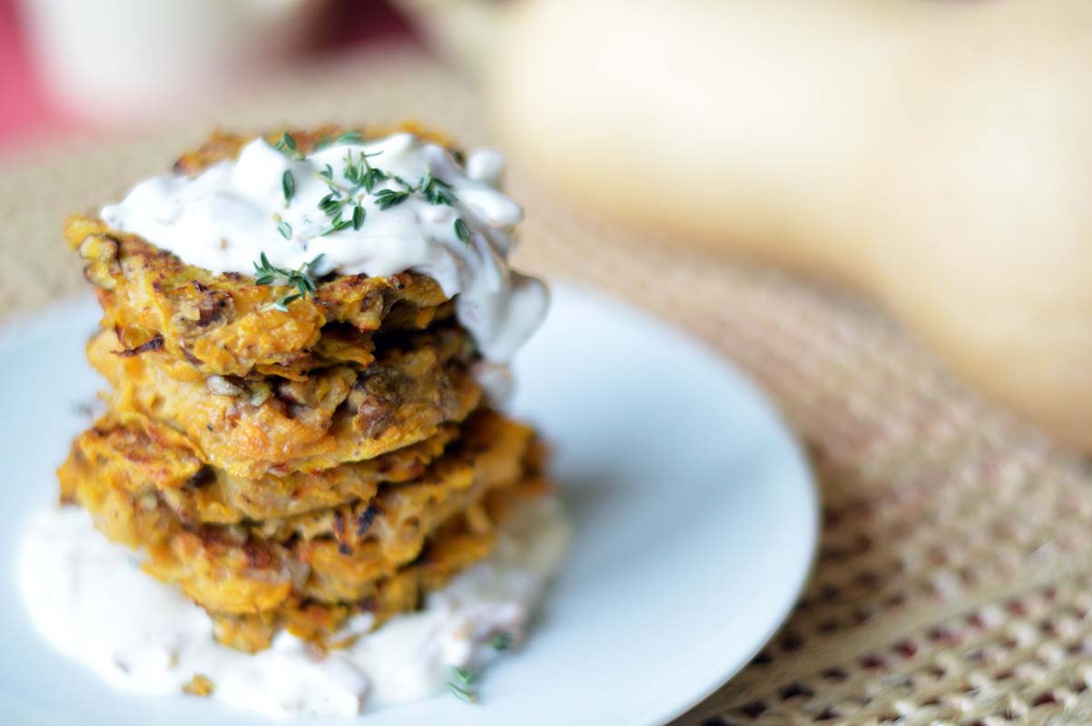 Butternut Squash Griddlecakes with Bacon-Thyme Sour Cream Butternut Squash Griddlecakes with Bacon-Thyme Sour Cream